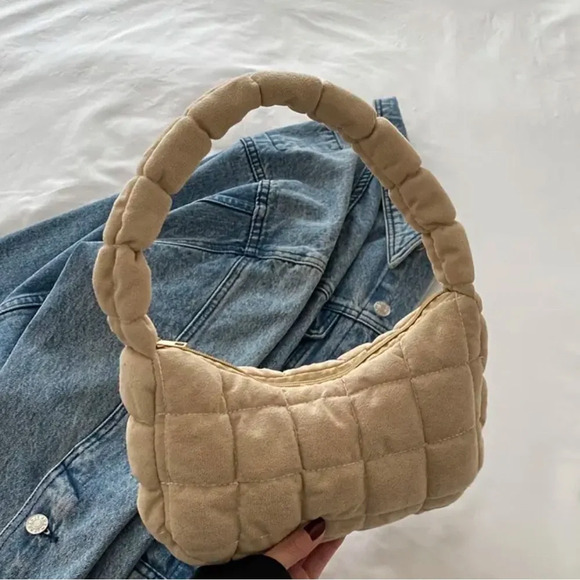 Cloud Feel Puffer Quilted Soft Fabric Material Hand Bag in tan - Picture 2 of 5